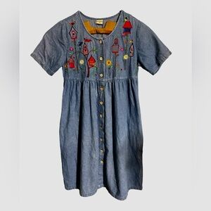 Bechamel Denim Dress Woman's size Medium Bird House Embroidered Button Down